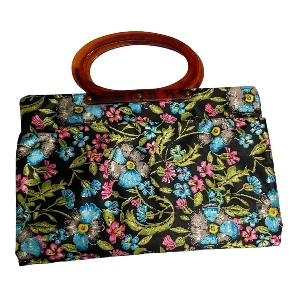 Vintage Lady's Pride Folding Tote Bag Floral Lucite/ Bakelite Handle